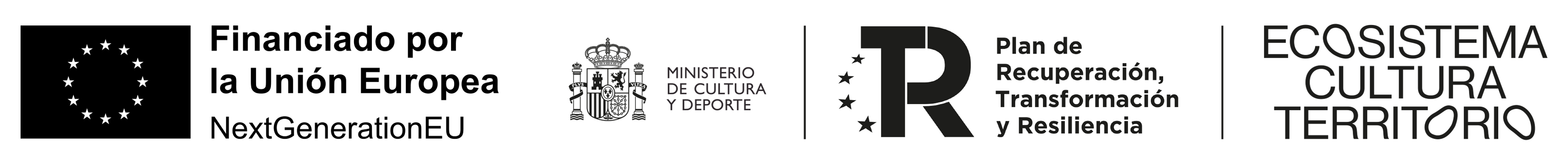 Logos de entidades financiadoras del proyecto, NexterGeneration UE, Ministerio de cultura y deporte, Plan de recuperación transformación y resiliencia, Ecosistema Cultura Territorio